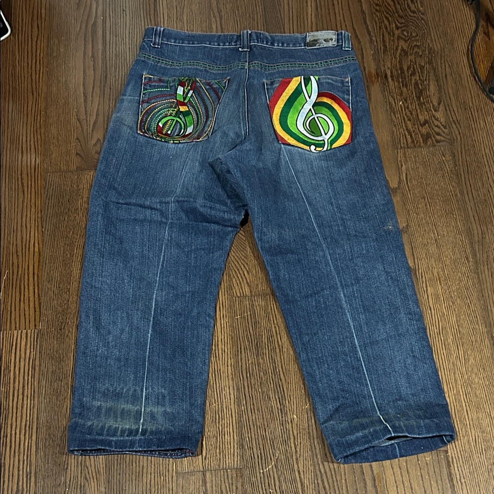 Vtg EXA Denim Jeans with Colorful Treble Clef Embroidery music hip hop Jean